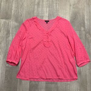 Talbots Polka Dot Ruffled Button‎ V-Neck See Through 3/4 Sleeve Top Shirt